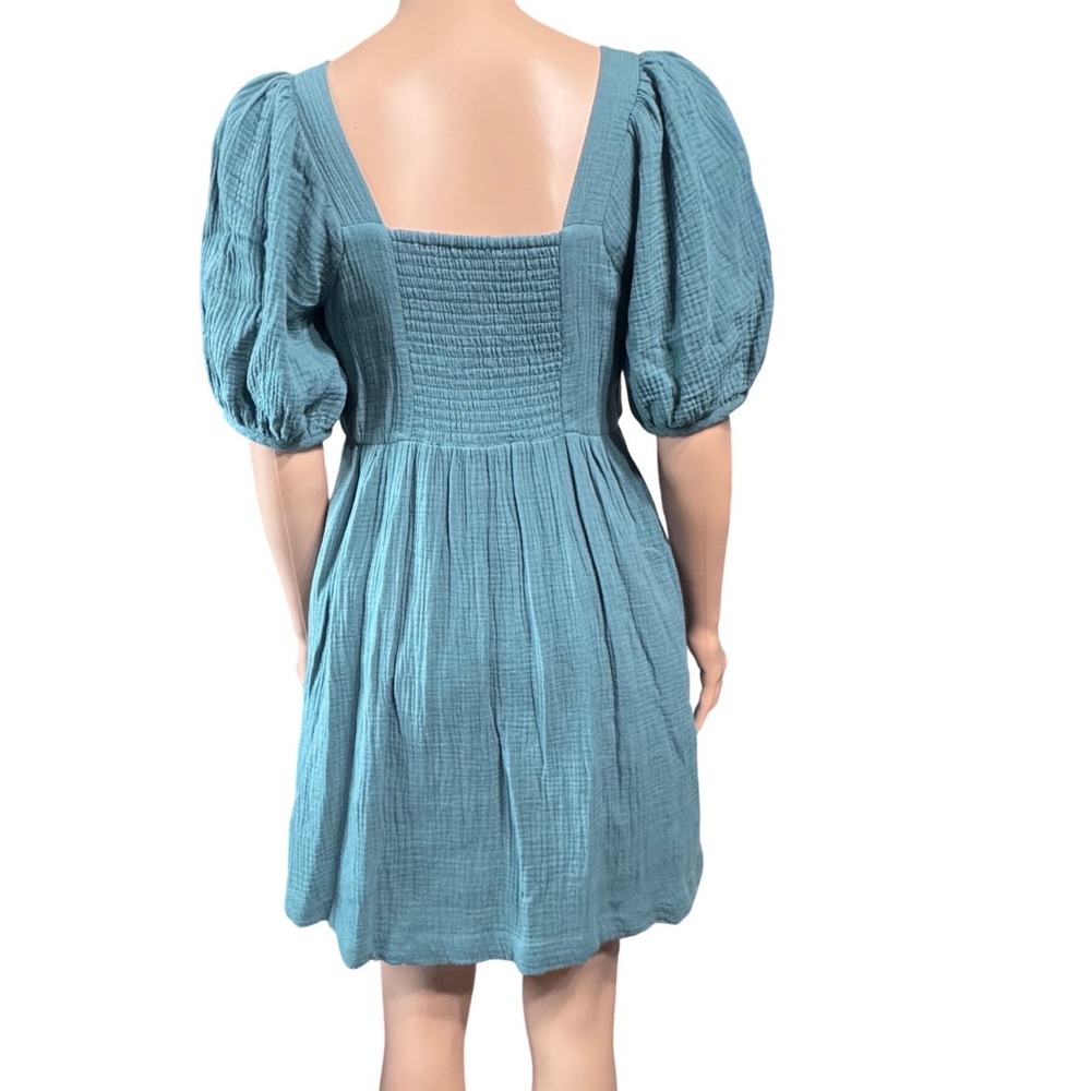 Madewell Mini Dress Womens XXS Cotton Gauze Puff Sleeve Teal Blu Smocked Pockets